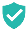 Teal shield with white checkmark, indicating security and approval.