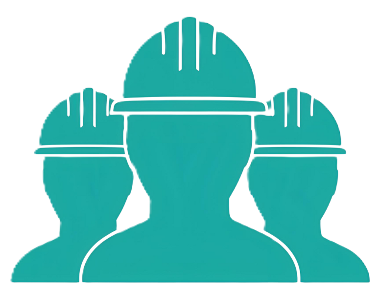 Three teal-colored construction workers wearing hard hats, side-by-side.