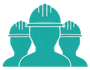 Three teal-colored construction workers wearing hard hats, side-by-side.