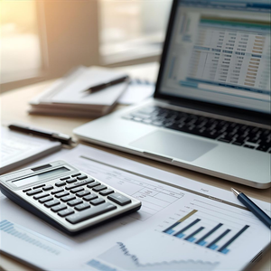 Laptop, calculator, and financial documents on a desk, suggesting accounting or financial analysis.