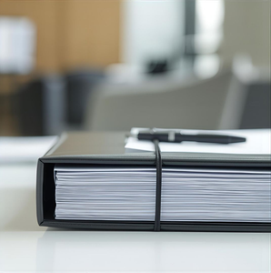 Black binder with papers and pen, secured with a black band, sitting on a white desk.