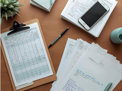 Clipboard with list, papers, phone, pen, and small plant on a brown desk.