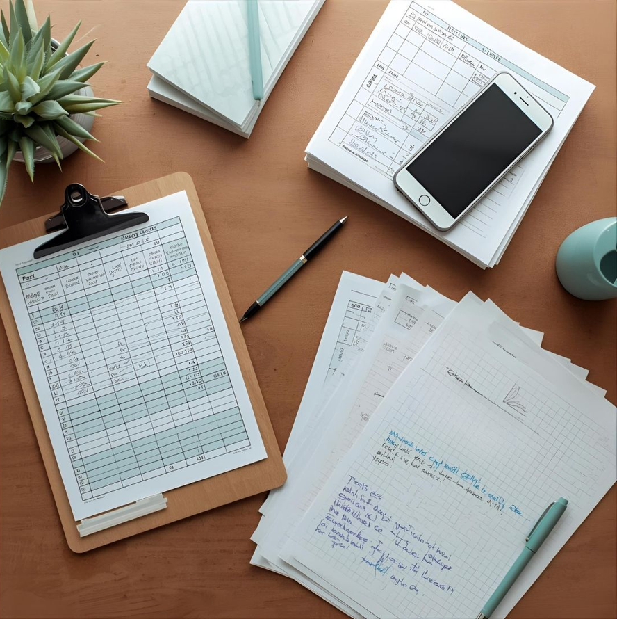 A desk with a clipboard, papers, a phone, pens, and a small plant, suggesting organized work.