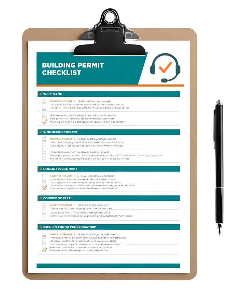 Clipboard with a building permit checklist and a black pen.