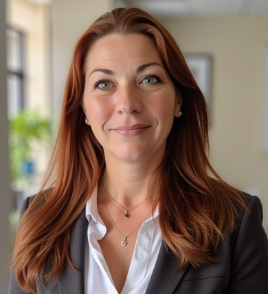 Woman with auburn hair in a business suit smiles at the camera.