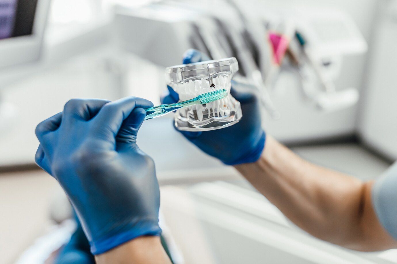 A dentist is brushing a model of teeth with a toothbrush.