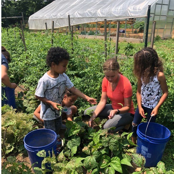 Mom and kids in garden