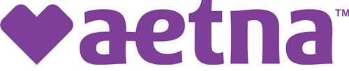 The aetna logo is purple with a heart in the middle.