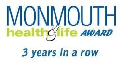 The monmouth health & life award logo is blue and green and says 3 years in a row.