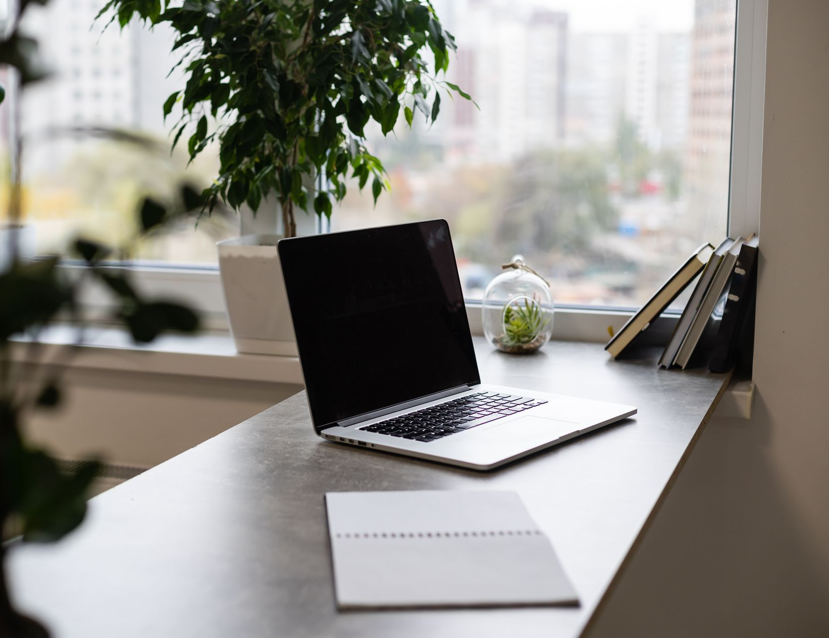 Laptop and notebook on a windowsill workspace, with a potted plant, small terrarium, and city view.