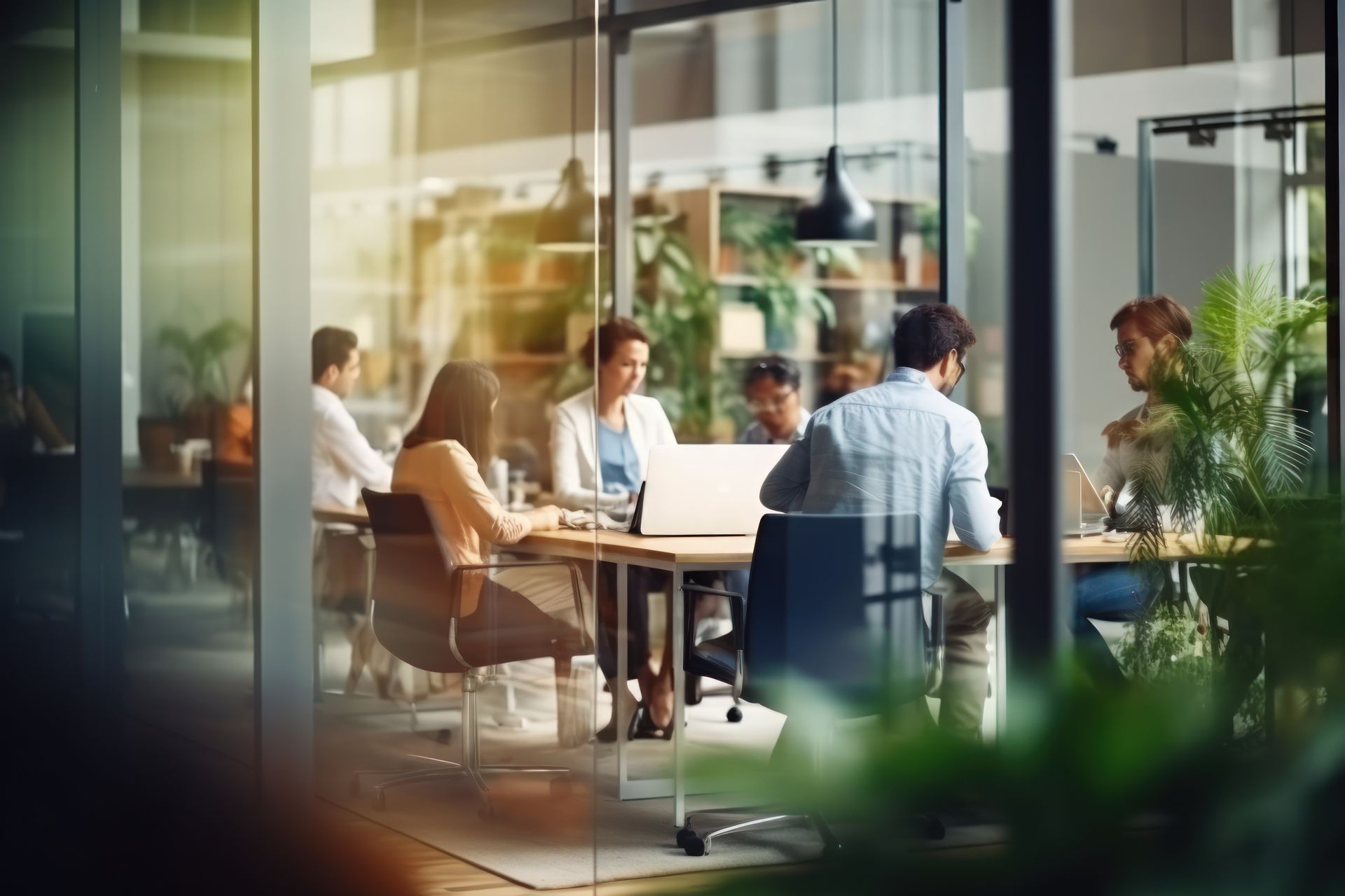 Office meeting with diverse people around a table, working on a laptop, behind glass windows.
