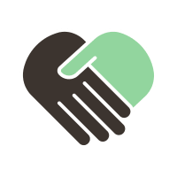 Hands shaking in a heart shape; one black, one green. Represents partnership/support.