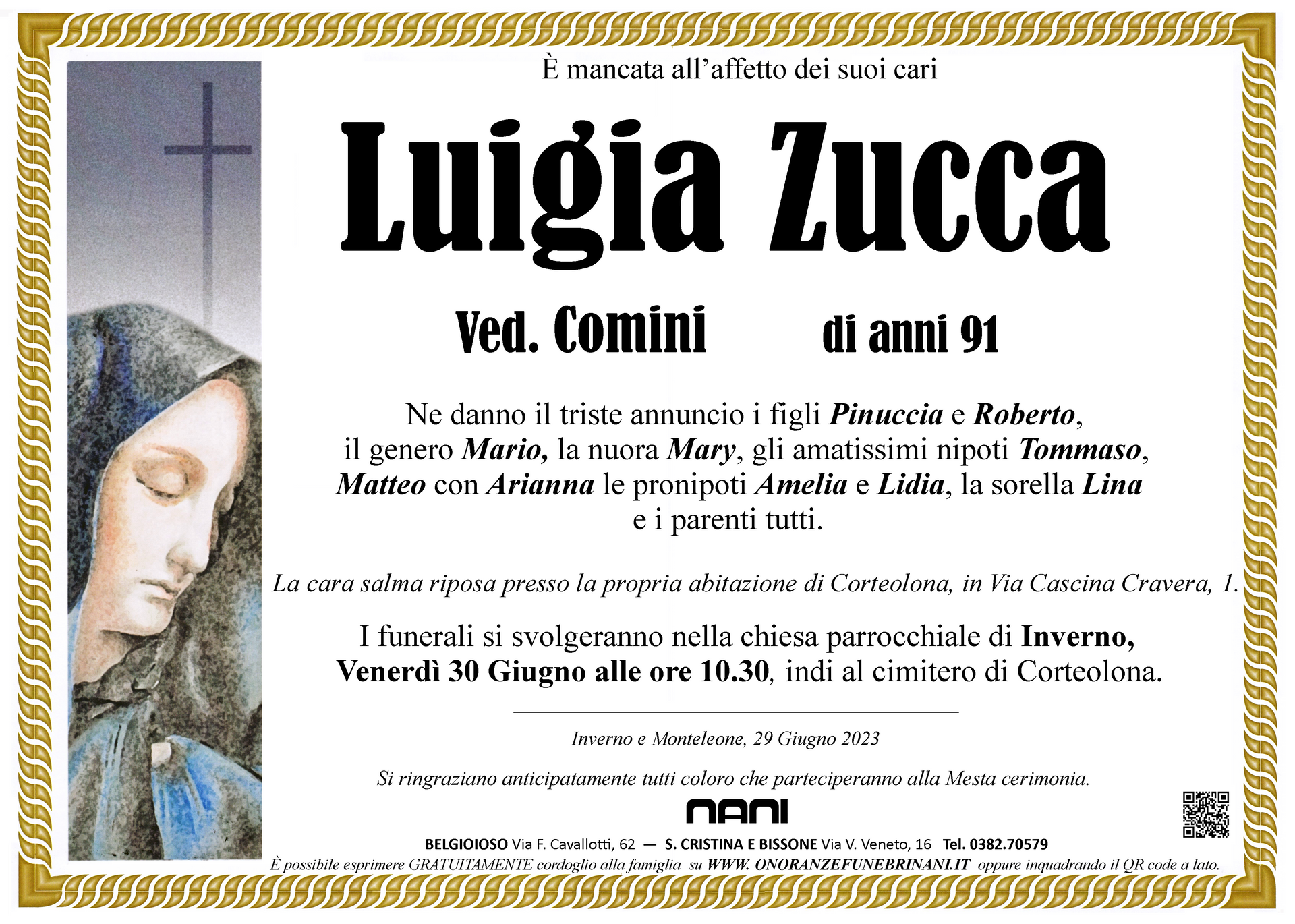 necrologio Luigia Zucca