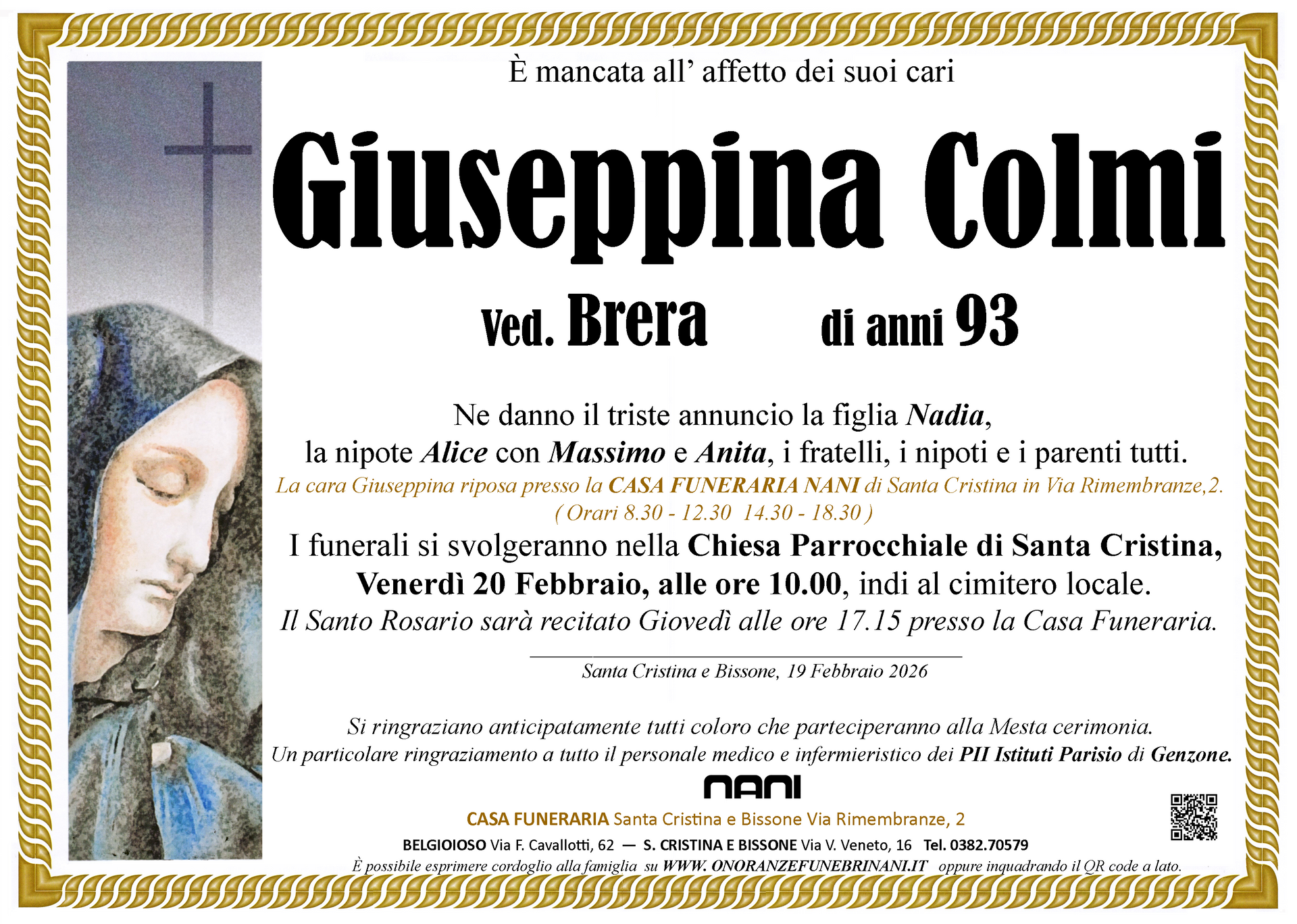 necrologio Giuseppina Colmi