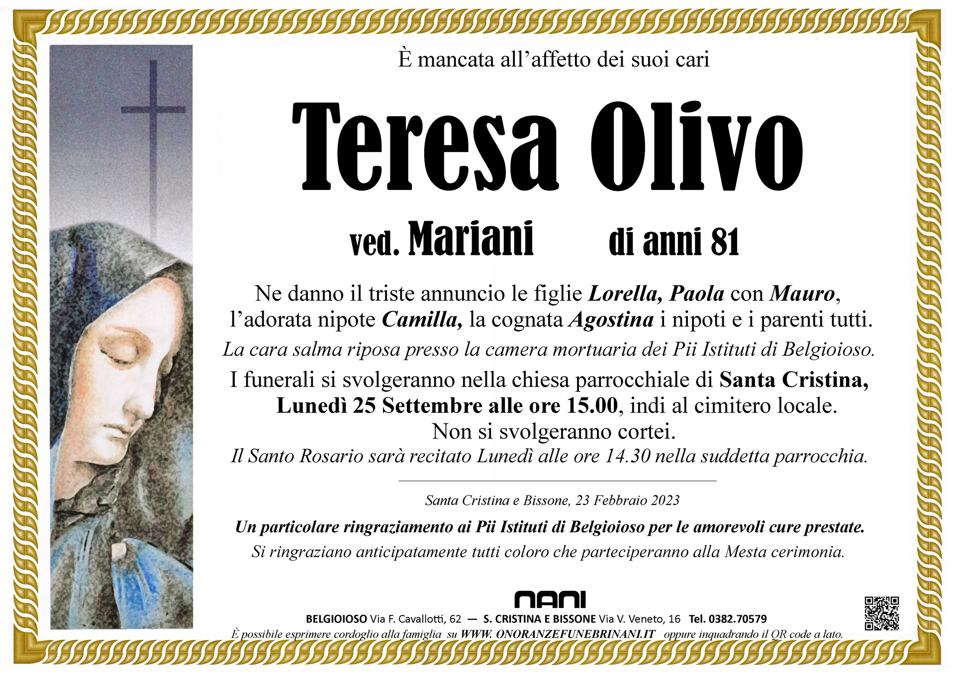necrologio Teresa Olivo