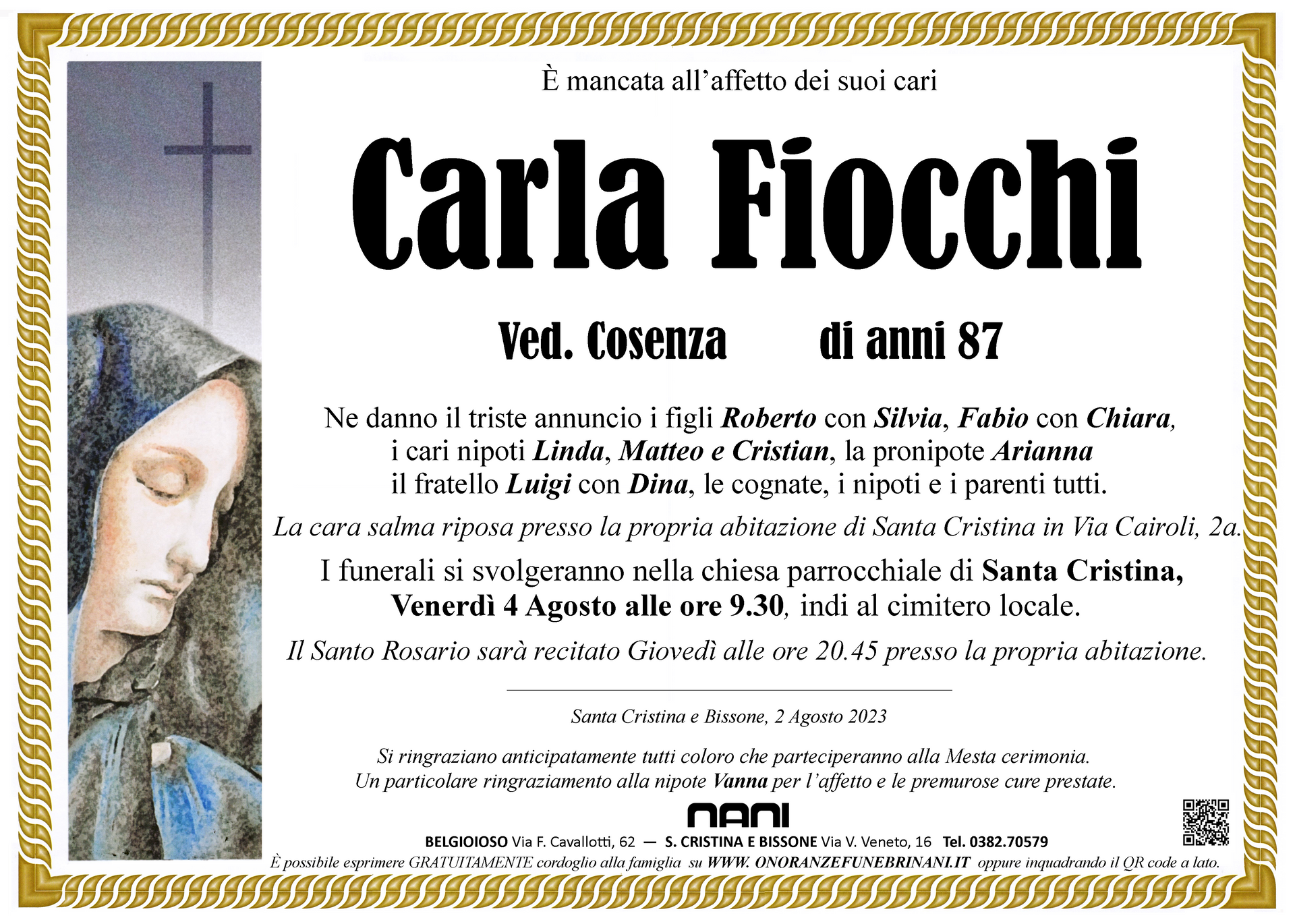 necrologio Carla Fiocchi