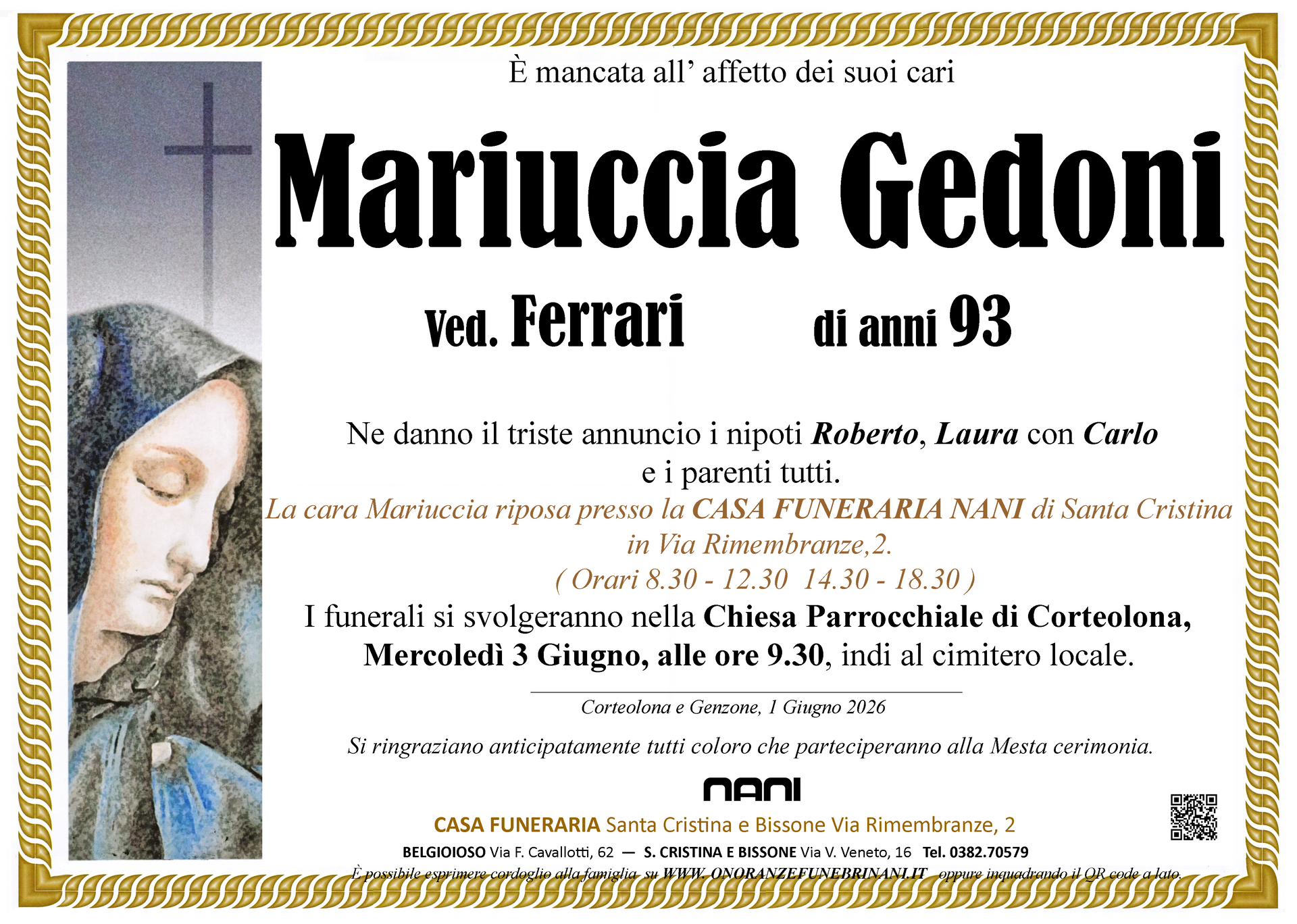 necrologio Mariuccia Gedoni 
