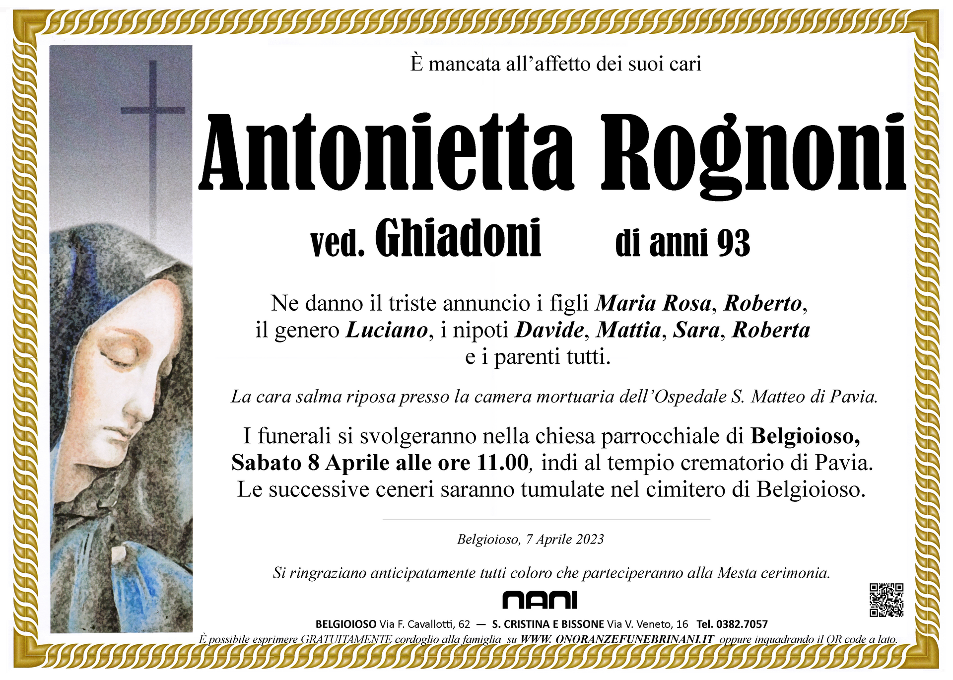 necrologio Antonietta Rognoni