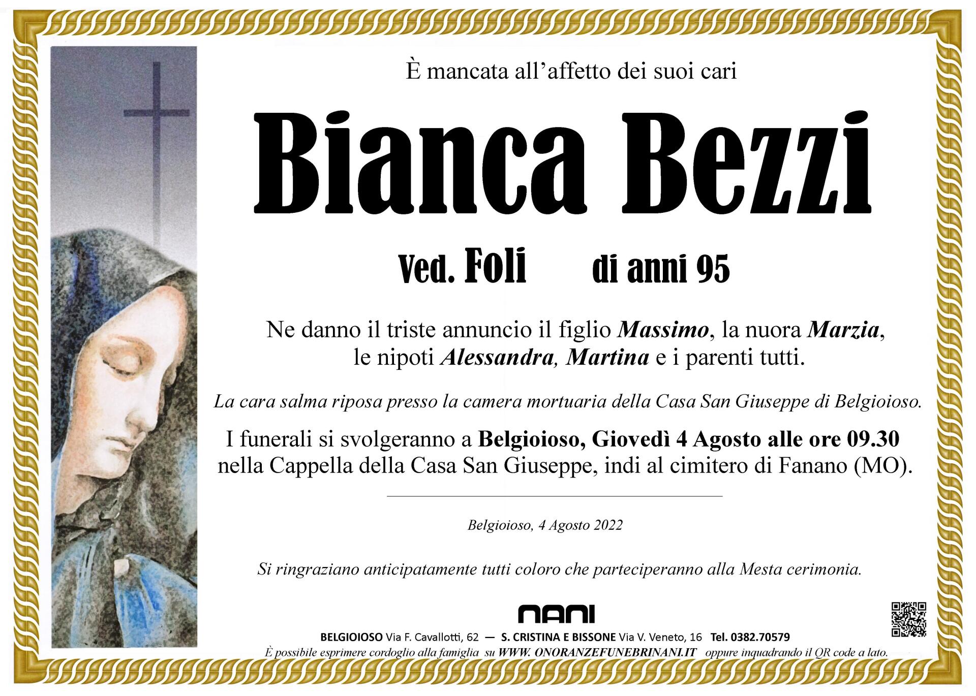 necrologio Bianca Bezzi
