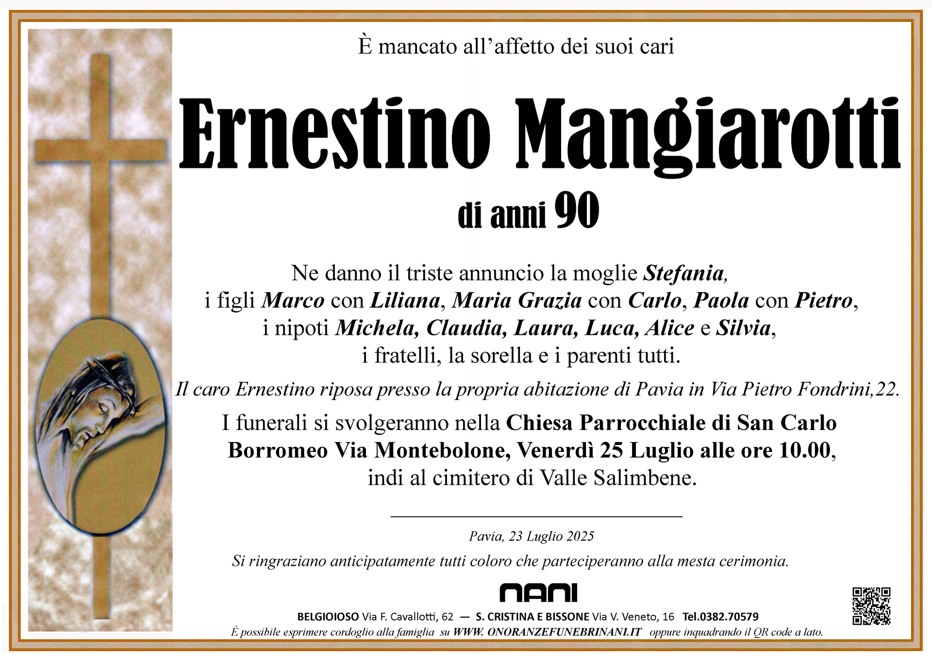 necrologio Ernestino Mangiarotti
