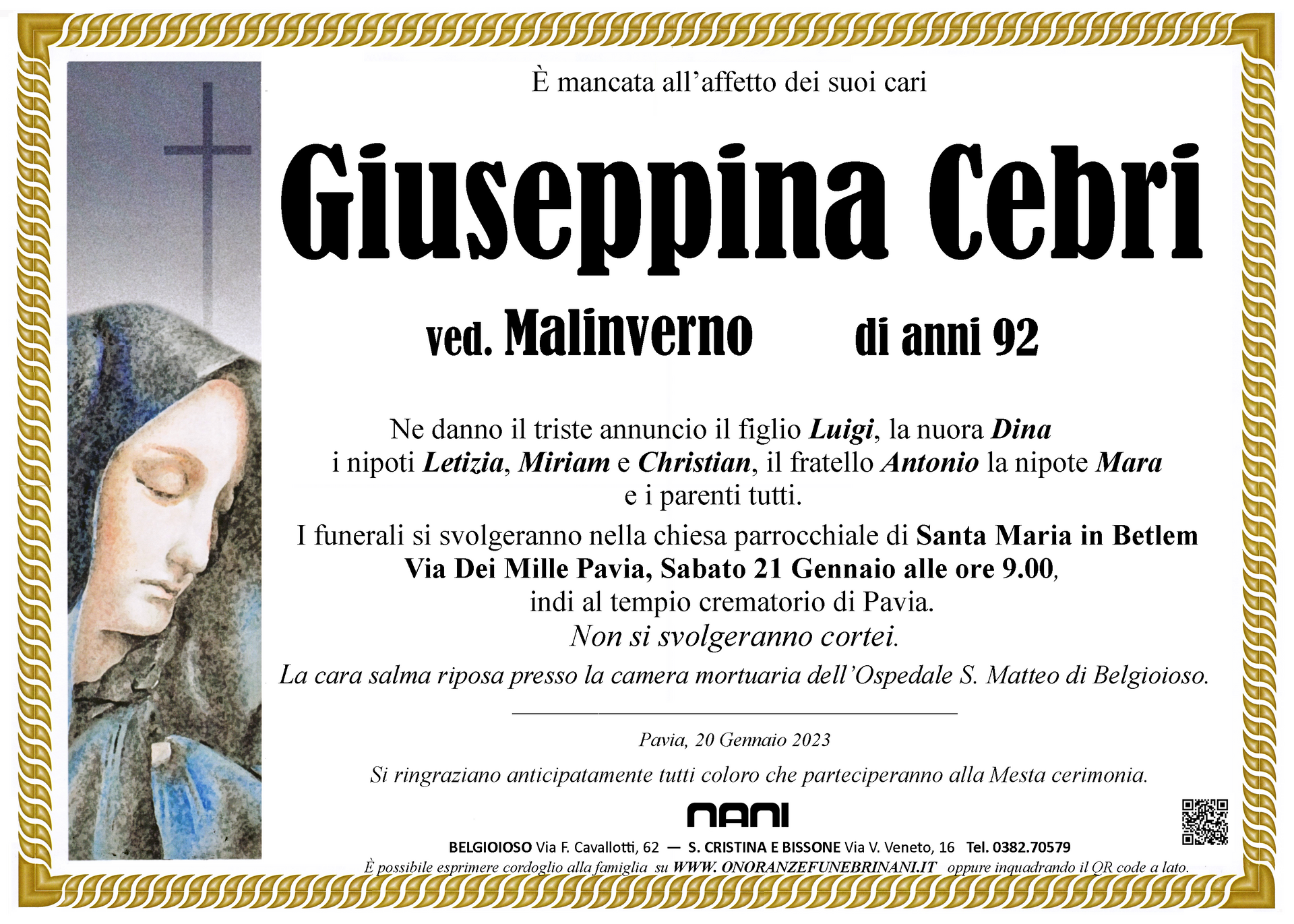 necrologio Giuseppina Cebri