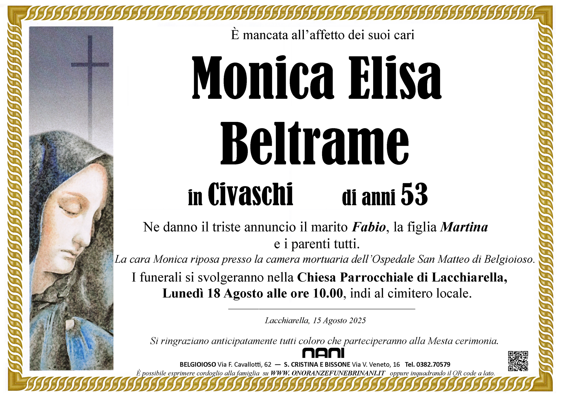 necrologio Monica Elisa Beltrame