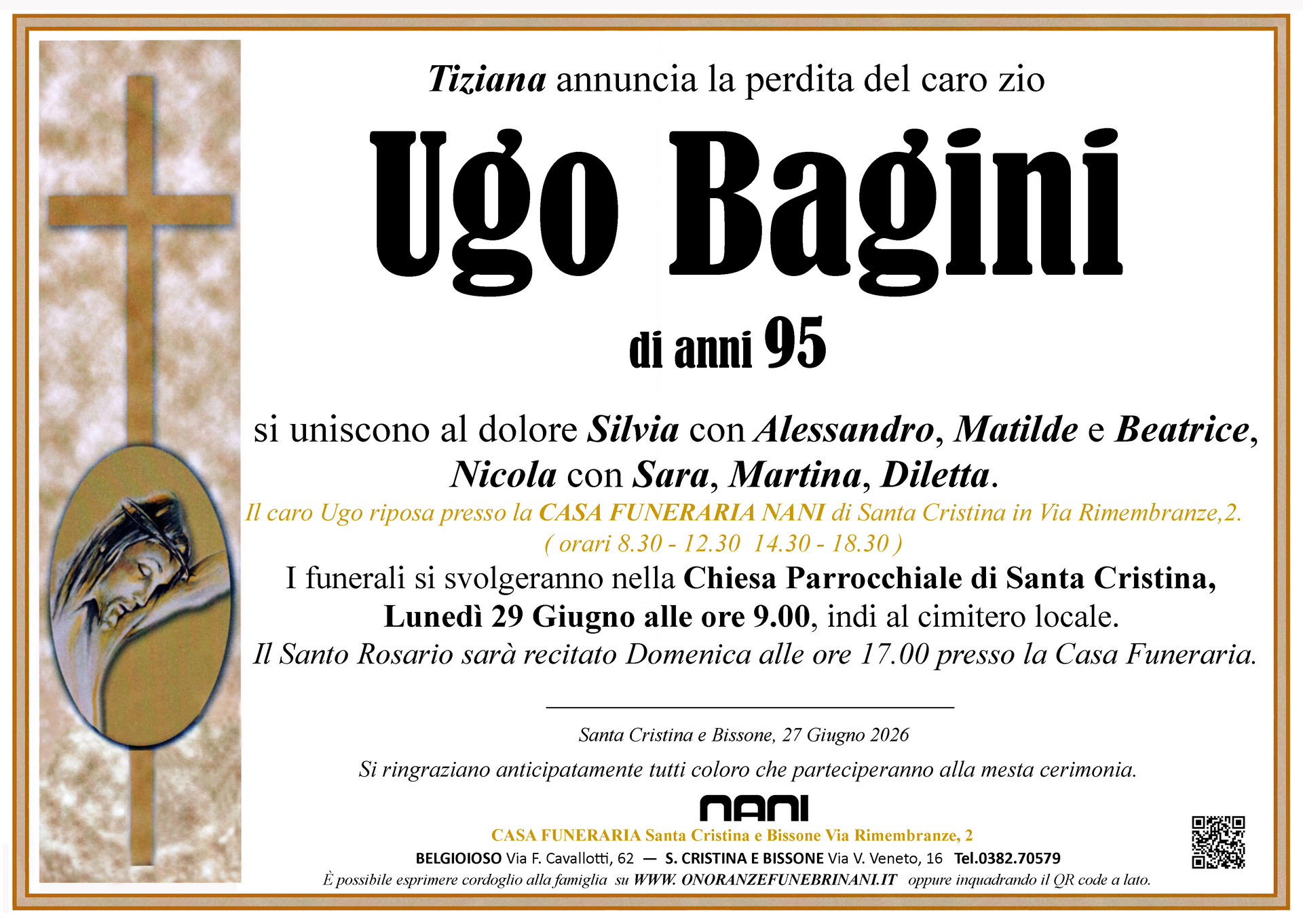 necrologio Ugo Bagini            