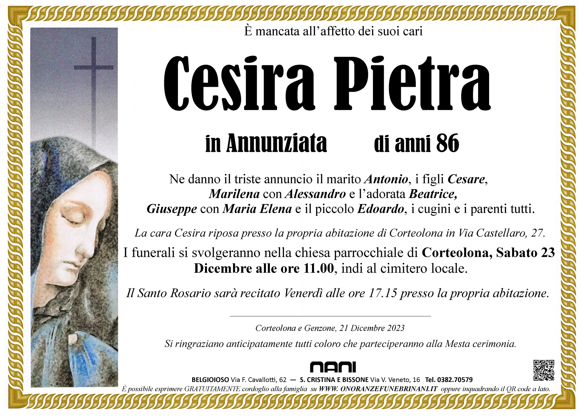 necrologio Cesira Pietra