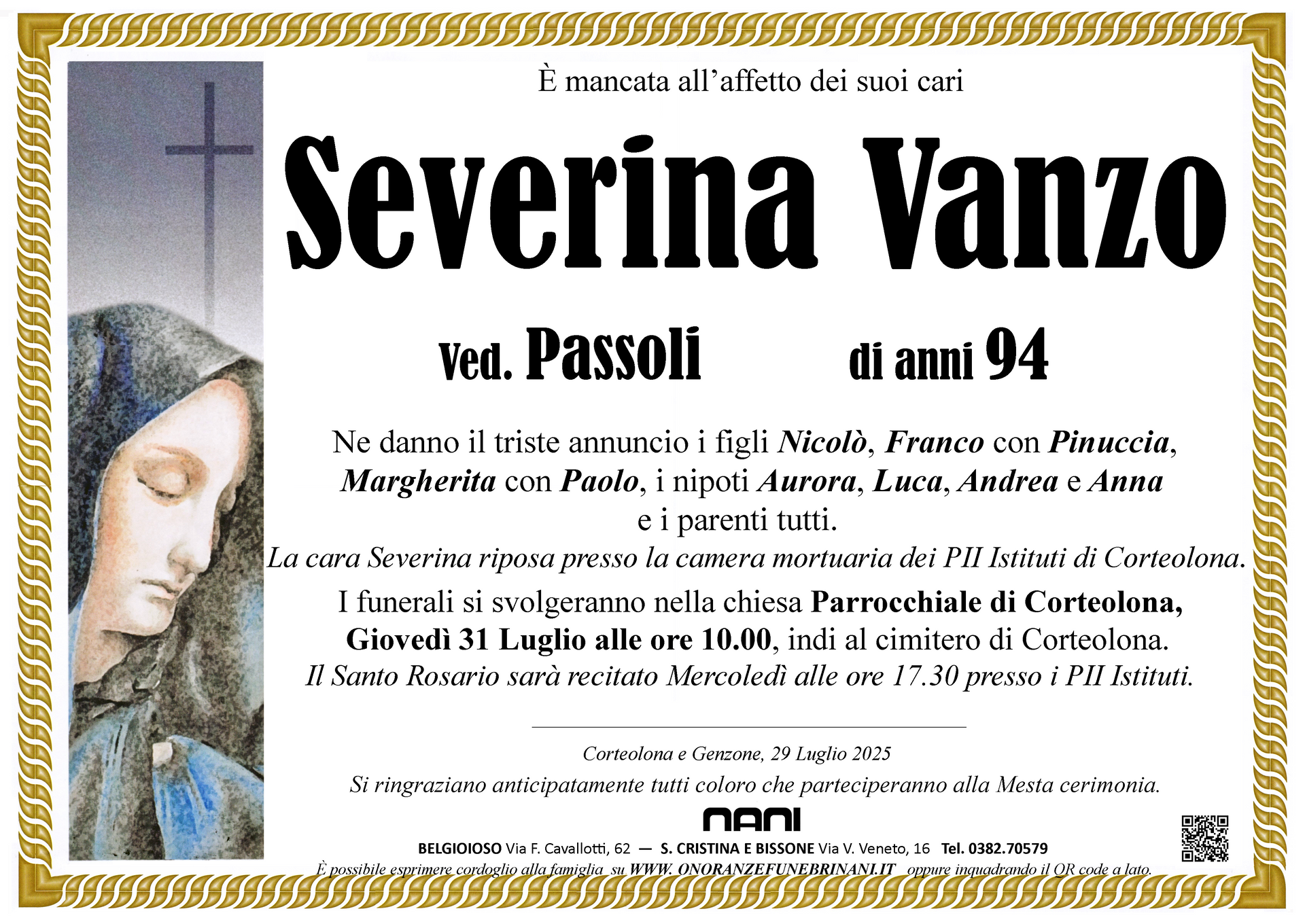 necrologio Severina Vanzo