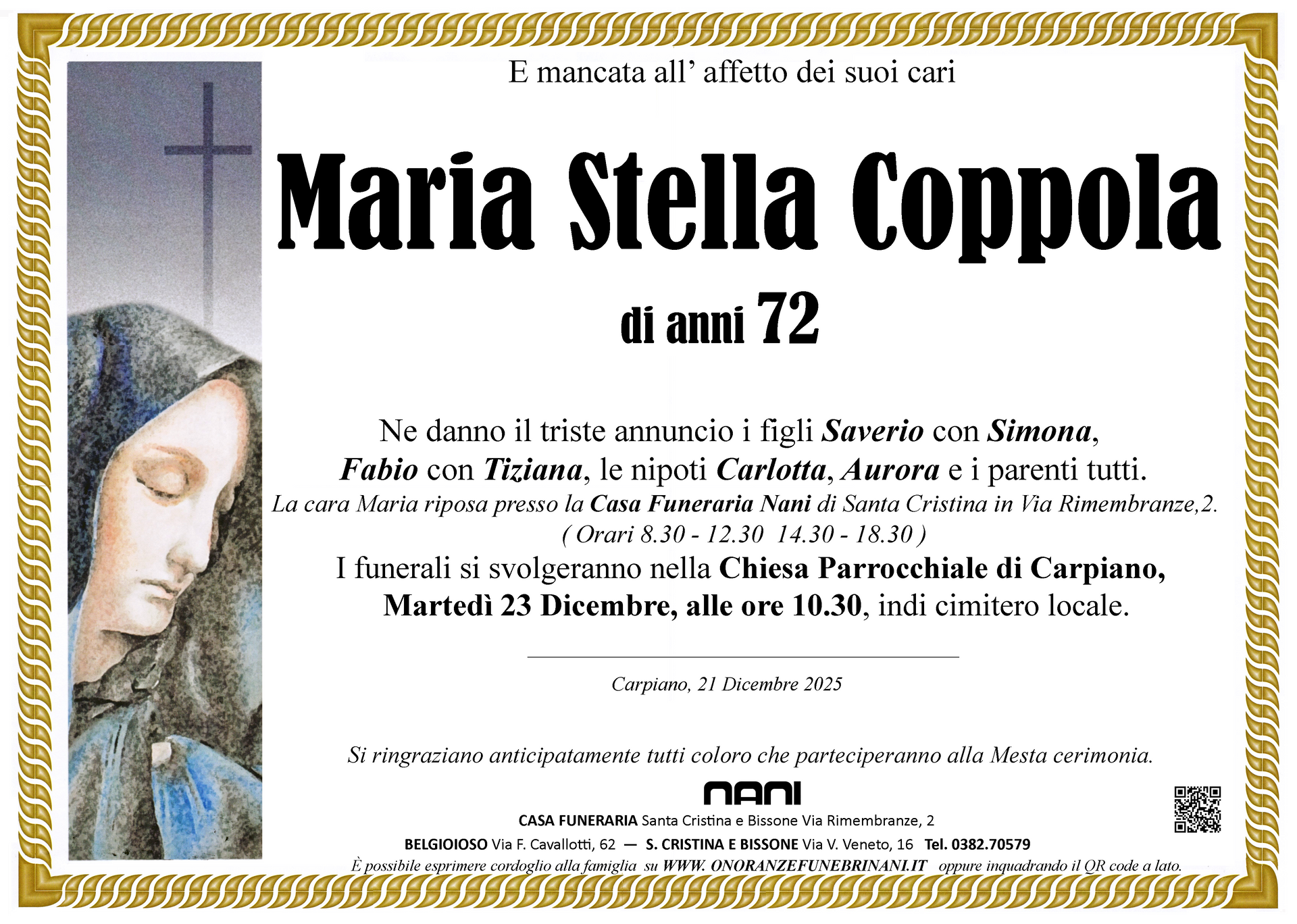 necrologio Maria Stella Coppola