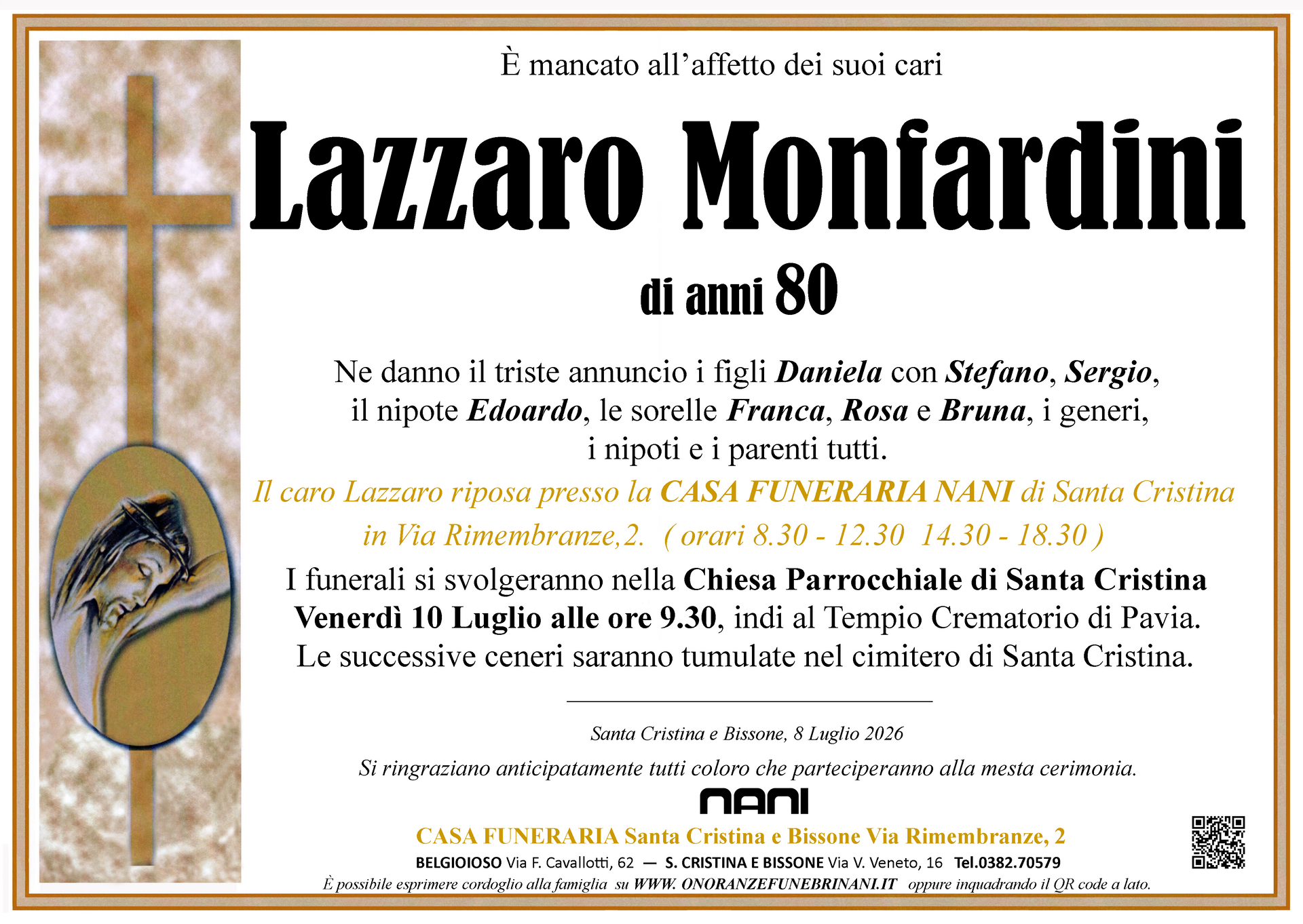 necrologio Lazzaro Monfardini           