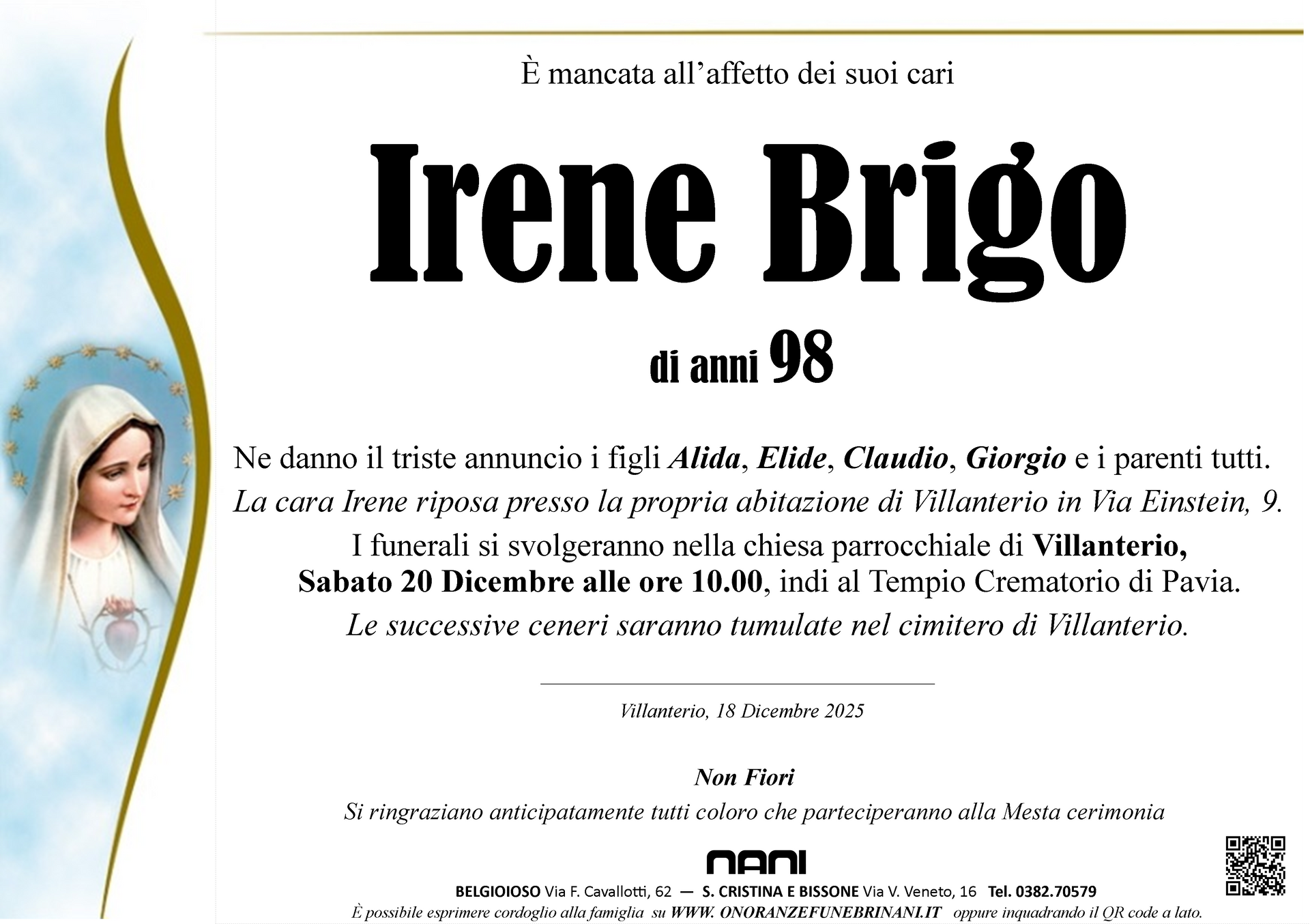 necrologio Irene Brigo