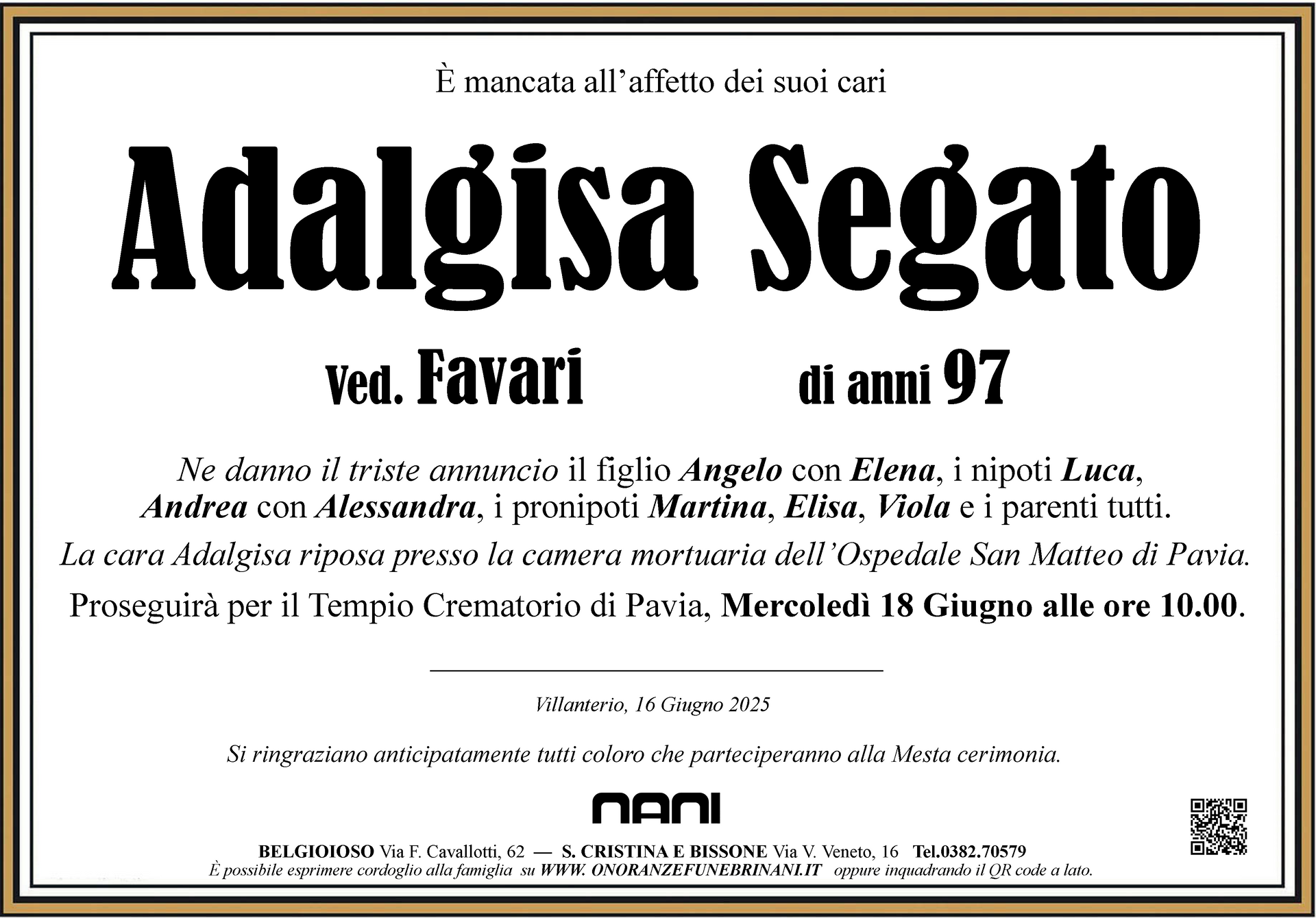 necrologio Adalgisa Segato