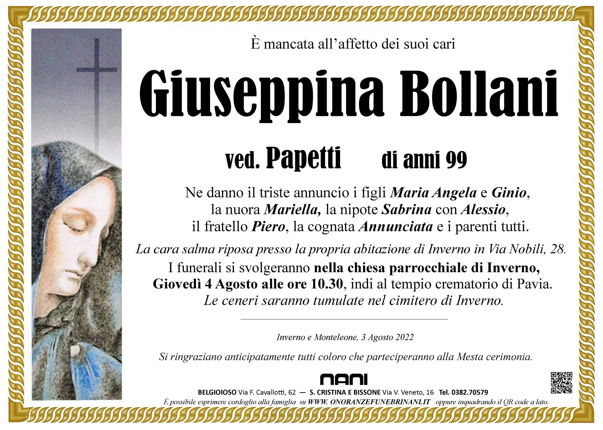necrologio Giuseppina Bollani