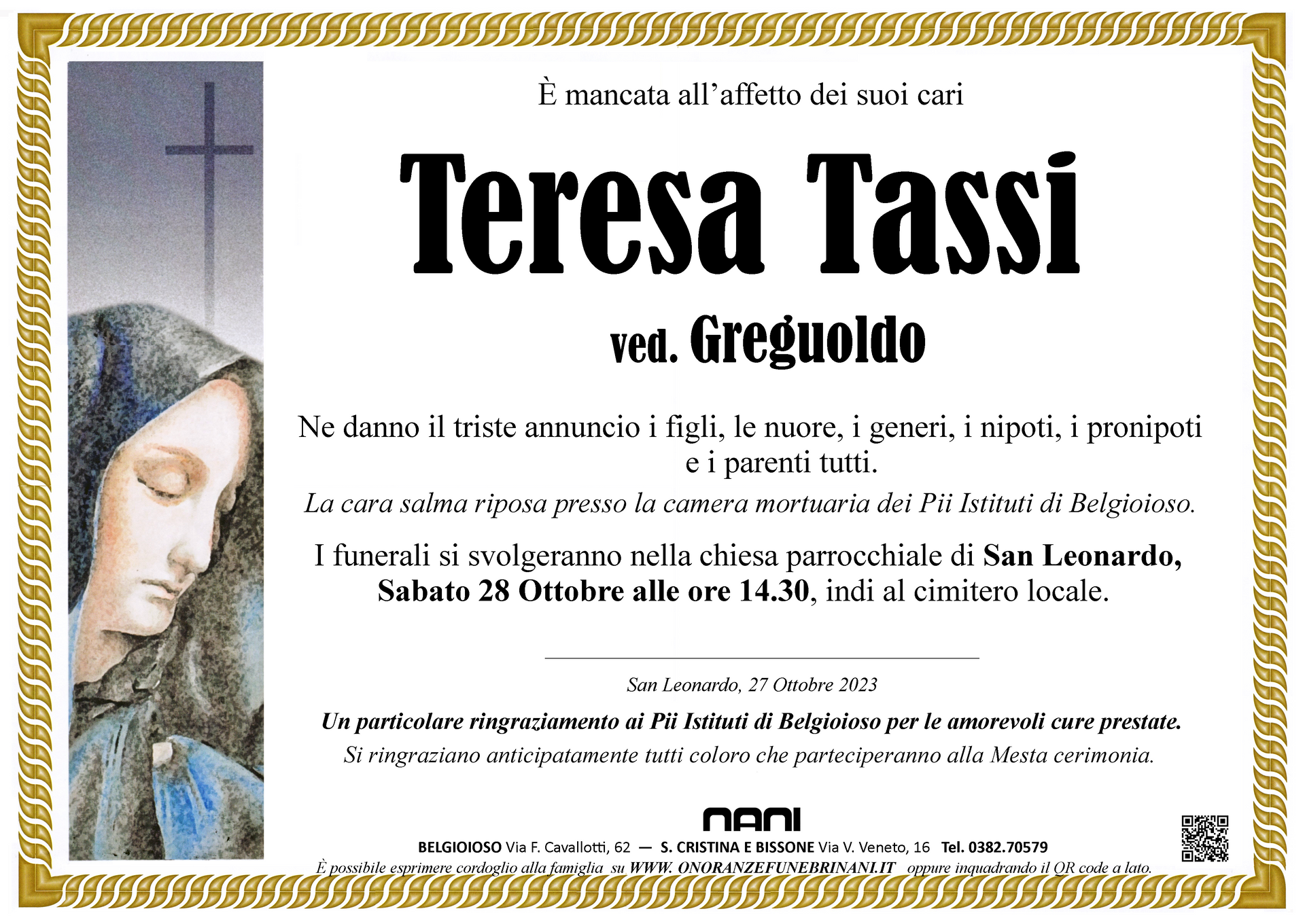 necrologio Teresa Tassi