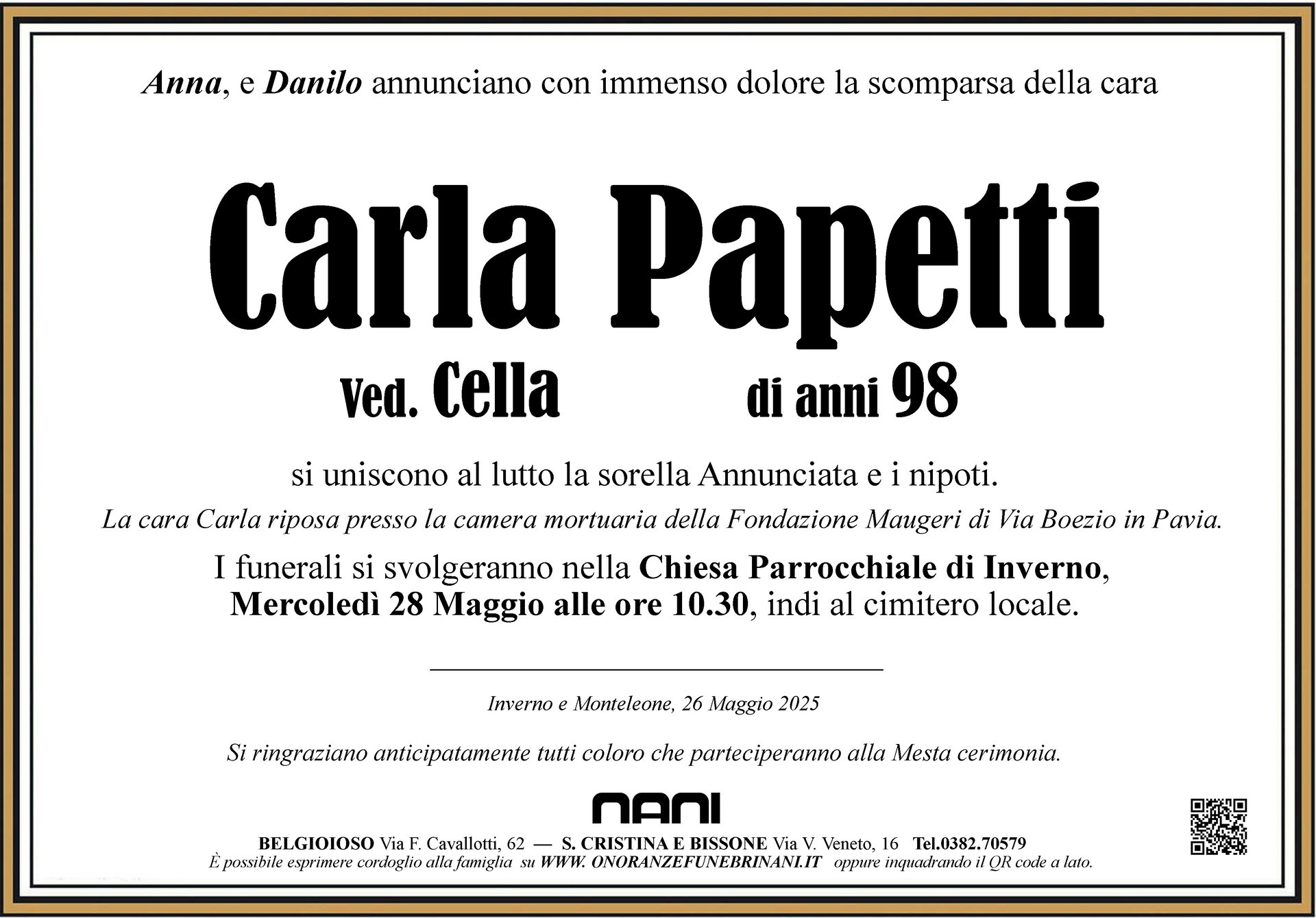 necrologio Carla Papetti