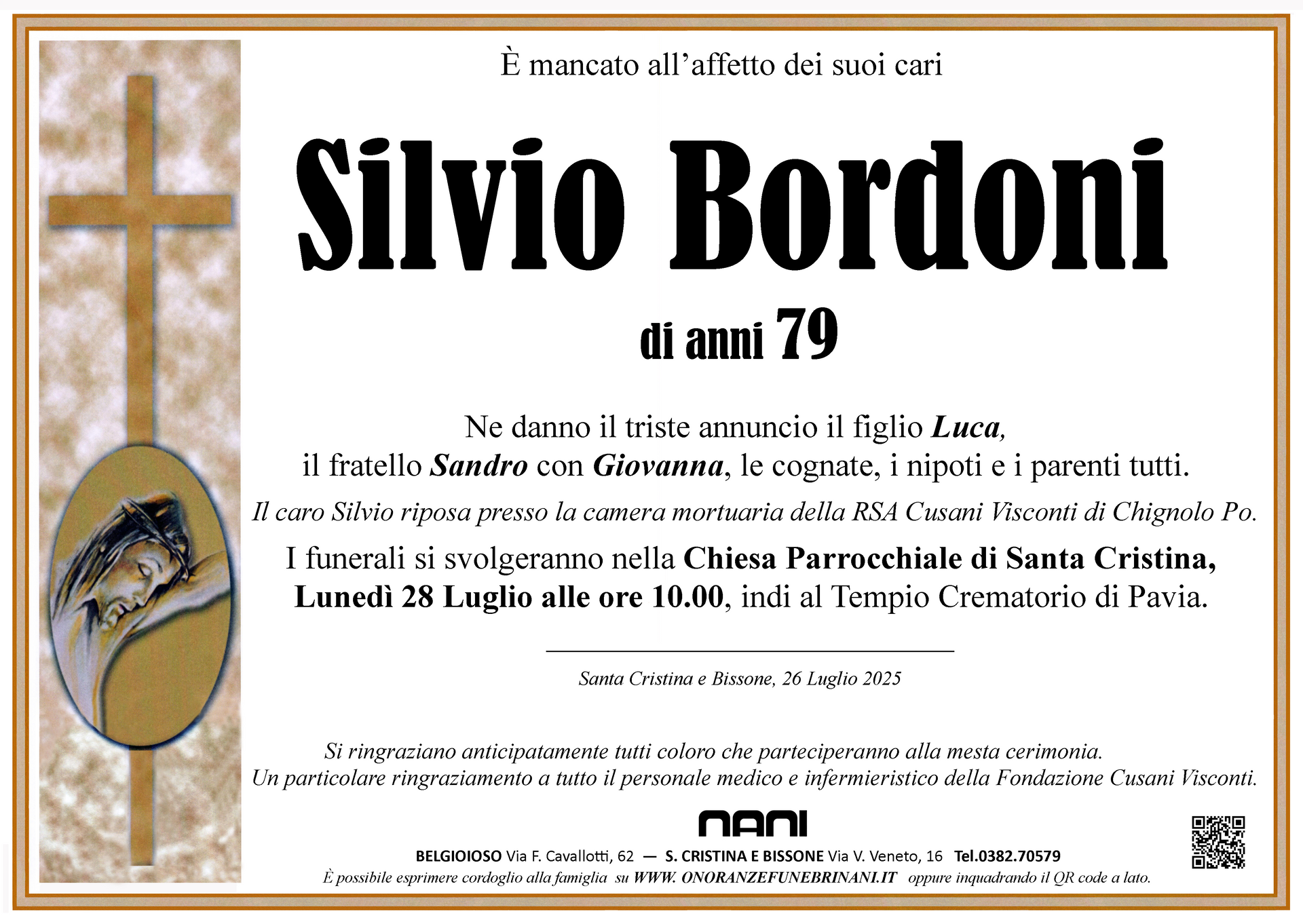 necrologio Silvio Bordoni