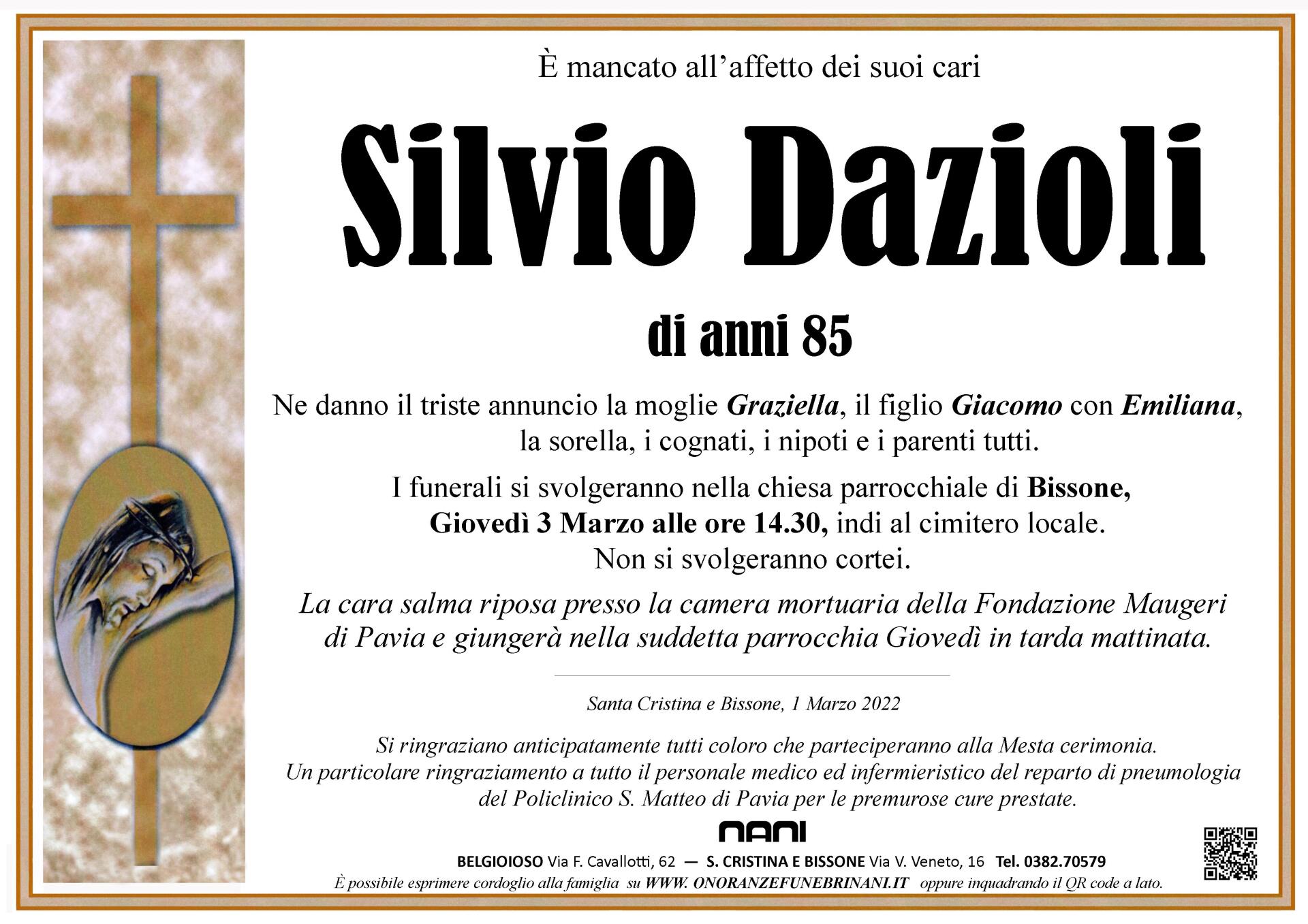 necrologio Silvio Dazioli