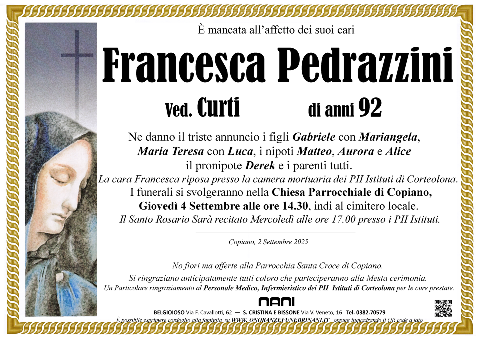 necrologio Francesca Pedrazzini