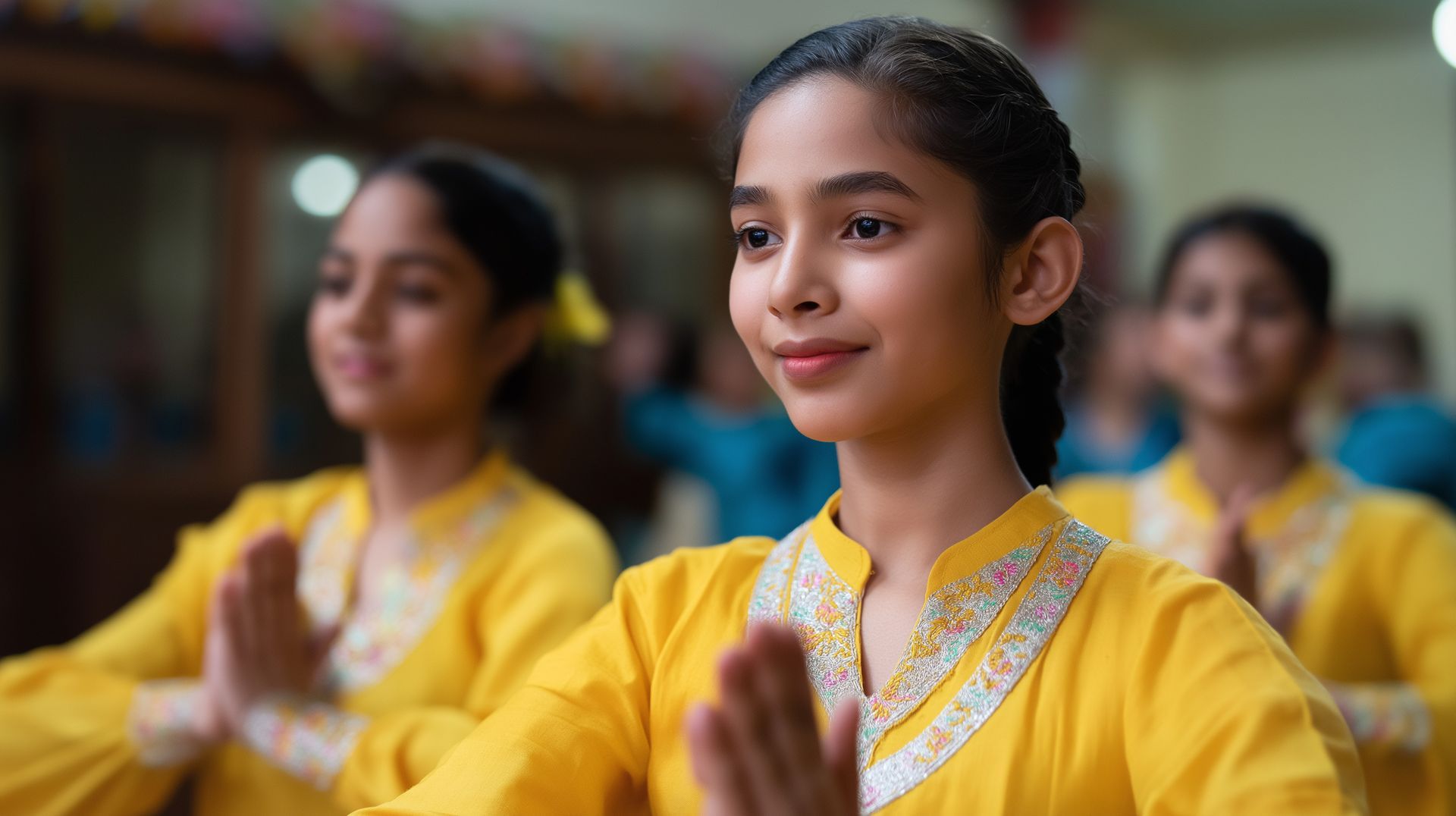Young girls in yellow traditional attire performing a dance, hands clasped in prayer position.
