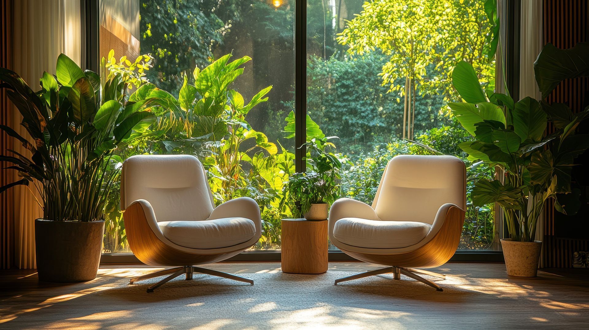 Two white chairs face a window with lush greenery, wooden accents, and sunlight.