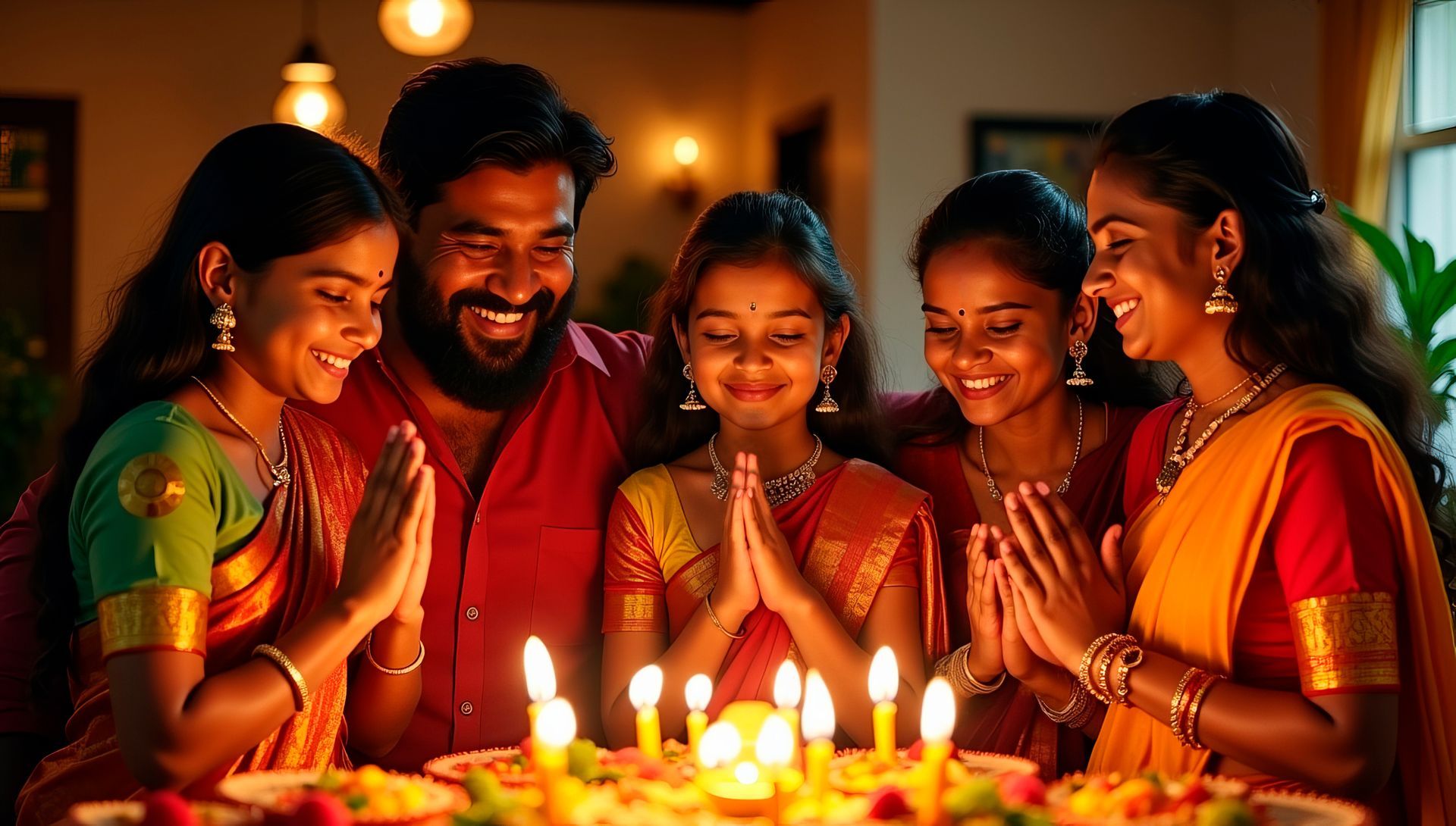 Family in traditional Indian attire praying around lit candles.