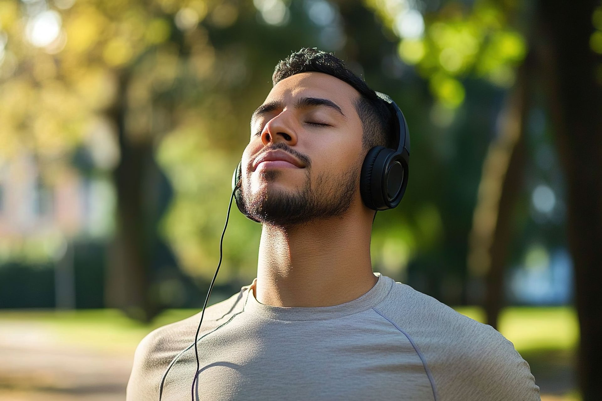 Man with closed eyes wearing headphones in a park.