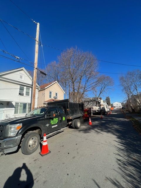 A black truck is parked on the side of the road