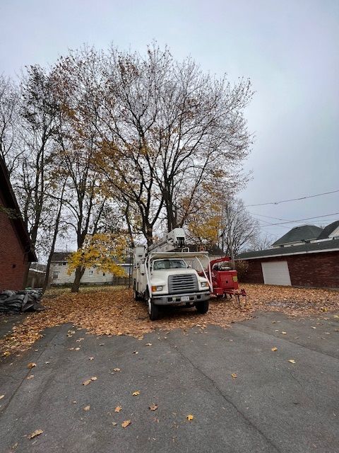 A white truck is parked in a driveway next to a red truck.