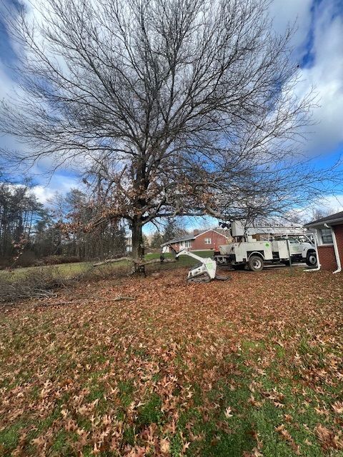 A tree cutting truck is parked in front of a house.