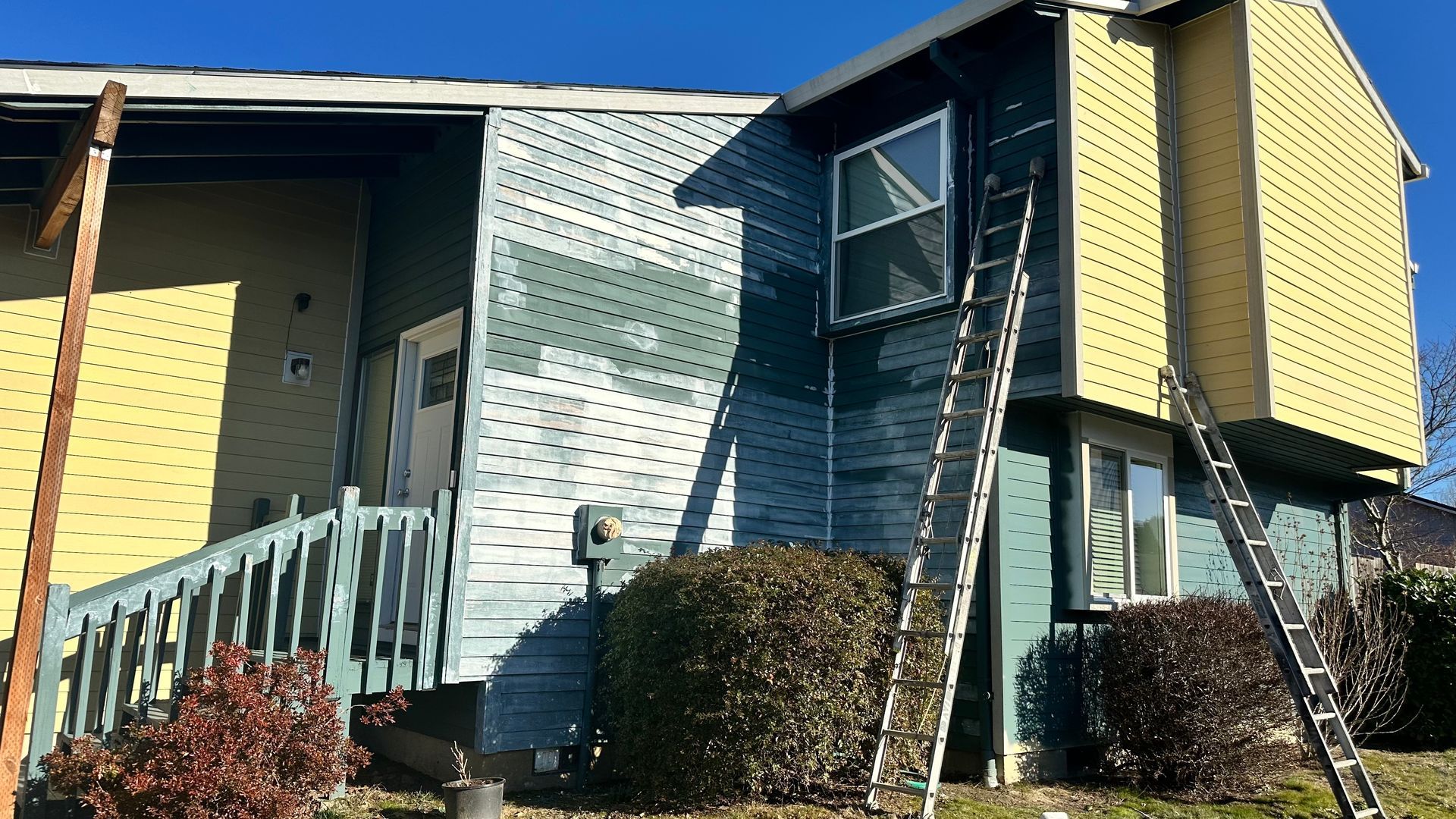 A house is being painted with a ladder in front of it.