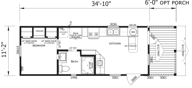 Black-and-white house floor plan with labeled kitchen, stairs, and optional porch dimensions