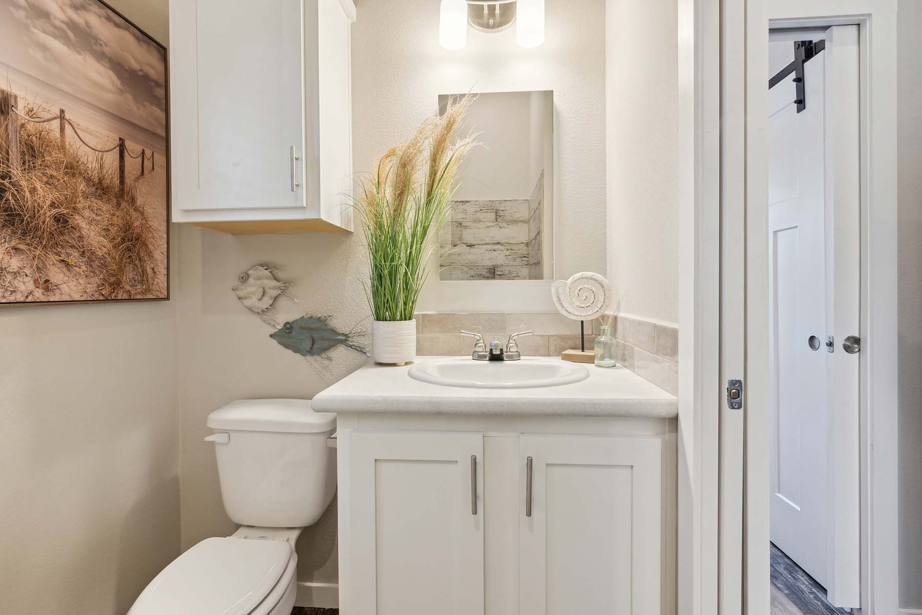 Small white bathroom with vanity, toilet, wall art, mirror, and a vase of green grass by the sink