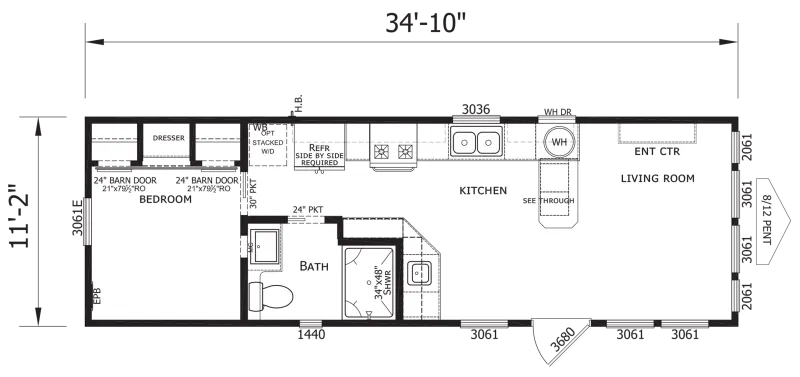 Floor plan of a small space with labeled kitchen, bathroom, living room, and porch areas